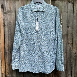 Bar III Men Slim Fit Dress Shirt Stretch Olive Blue Floral MSRP $70